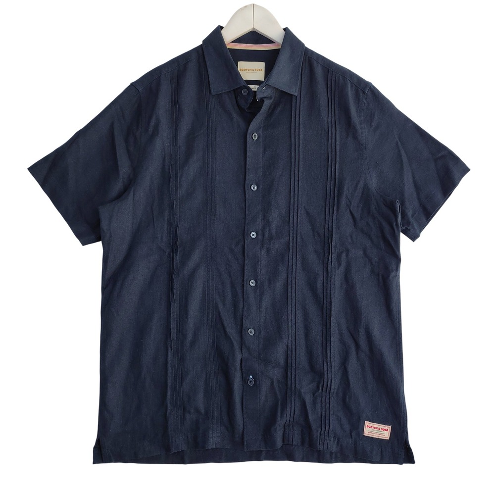 Scotch & Soda Mens Navy Blue Pleated Guayabera Style Linen Blend Shirt Size M